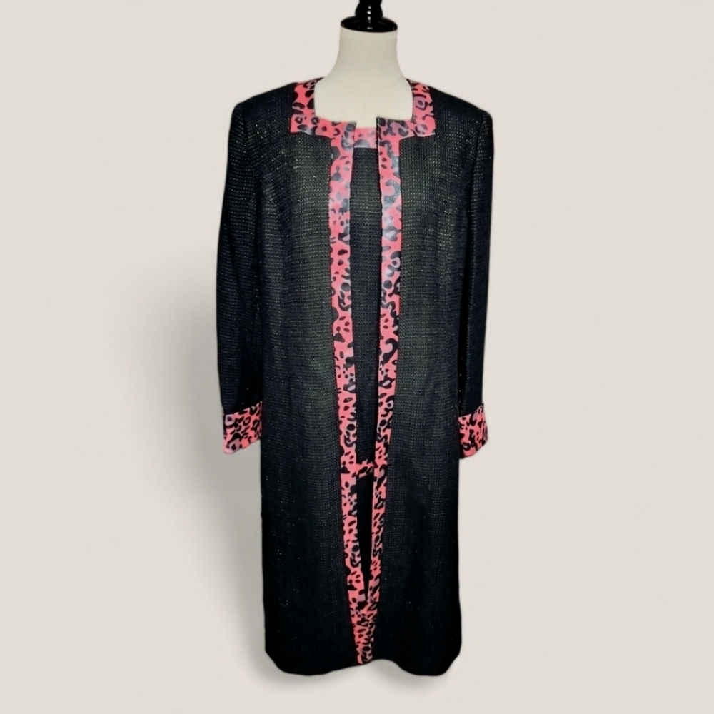 2777)ASHRO Sheath Dress Overcoat Black Metallic Anml Print Faux Leather Trim 16